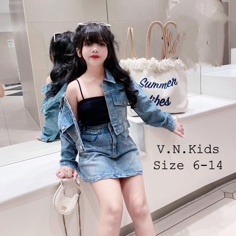 Set áo khoác jean + quần váy A đón Thu Đông cho Bé 17kg-42kg