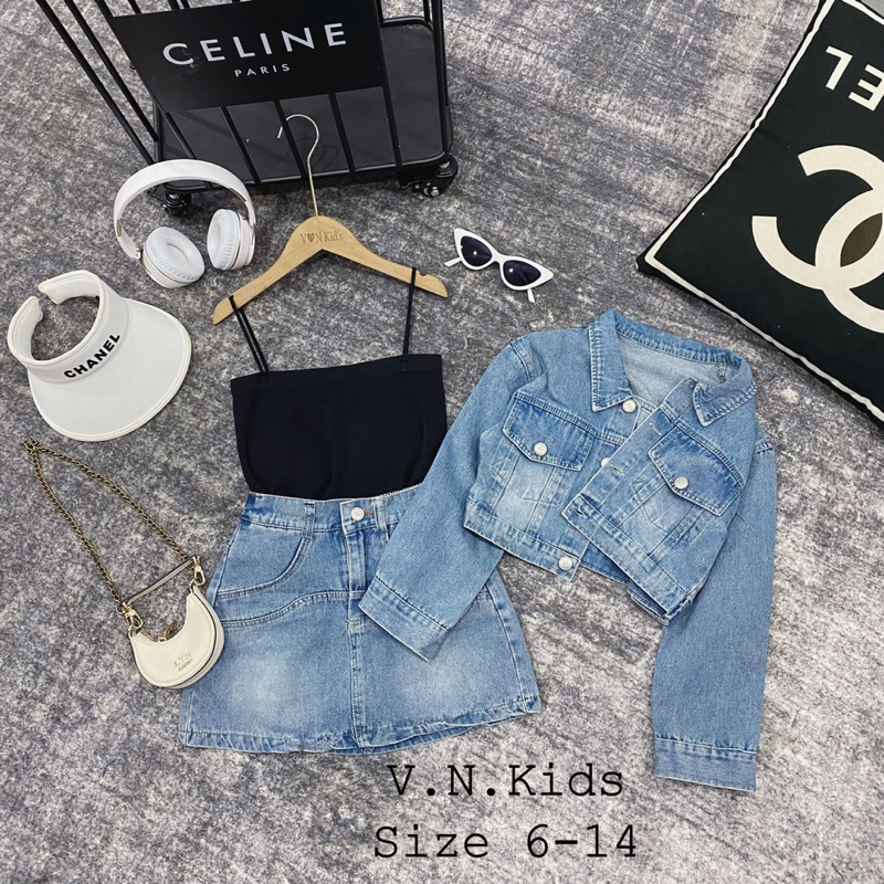 Set áo khoác jean + quần váy A đón Thu Đông cho Bé 17kg-42kg