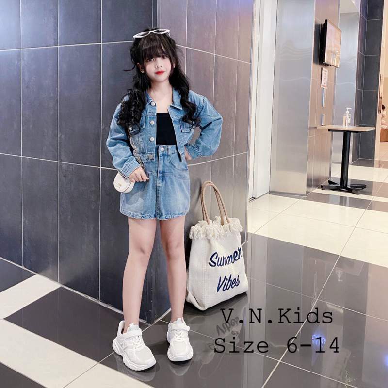 Set áo khoác jean + quần váy A đón Thu Đông cho Bé 17kg-42kg