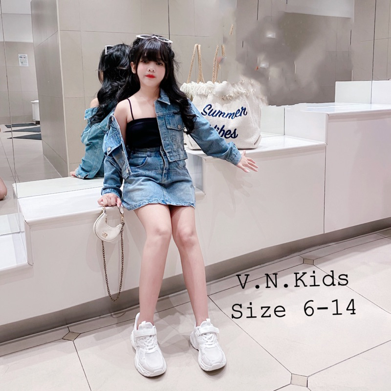 Set áo khoác jean + quần váy A đón Thu Đông cho Bé 17kg-42kg