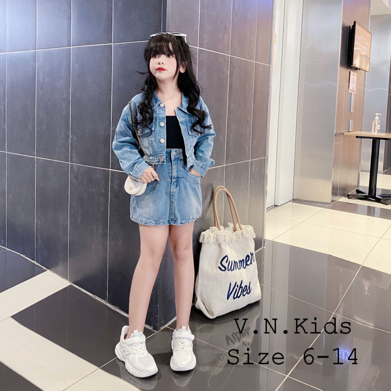 Set áo khoác jean + quần váy A đón Thu Đông cho Bé 17kg-42kg