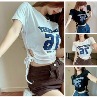 Áo croptop ôm body nữ rút eo in số 76 cổ tròn tay ngắn, áo thun croptop kiểu sexy in họa tiết