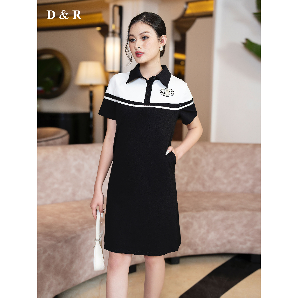 Đầm polo nữ bigsize logo đính cườm Quảng Châu cao cấp D&R Fashion D437