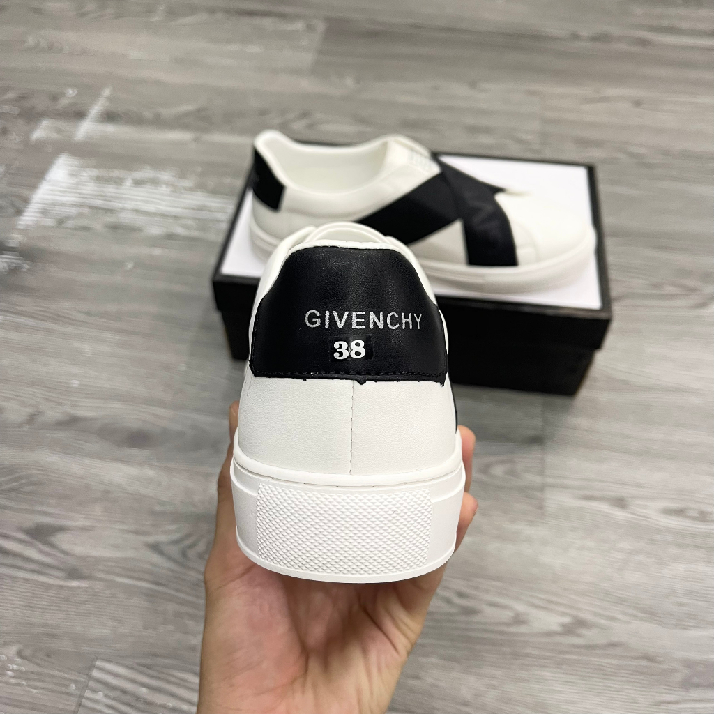 Giày thể thao sneaker nam nữ Gvc da Pu trắng phối quai chéo dù dập chữ logo lưỡi gà đế cao su non GS51P