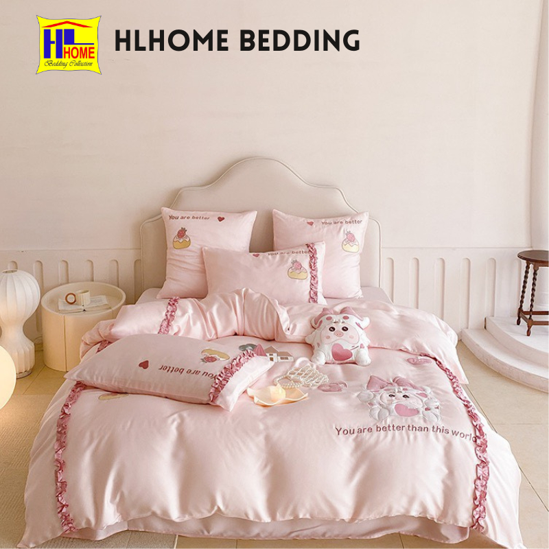 Bộ chăn ga tencel Hlhome thêu lợn hồng cao cấp