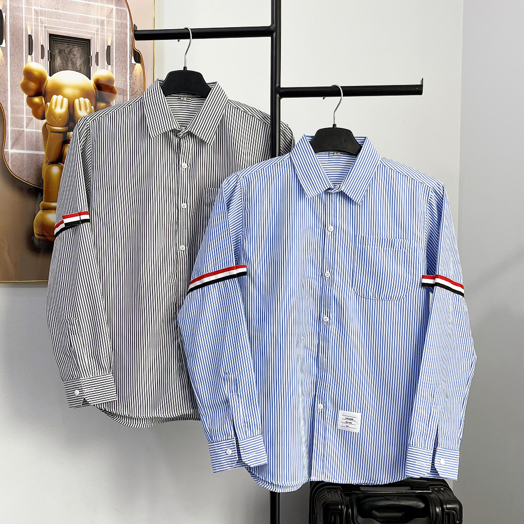 Áo Sơ Mi Dài Tay Thom Kẻ Xám Dài Tay Vải Cotton Lụa Cao Cấp