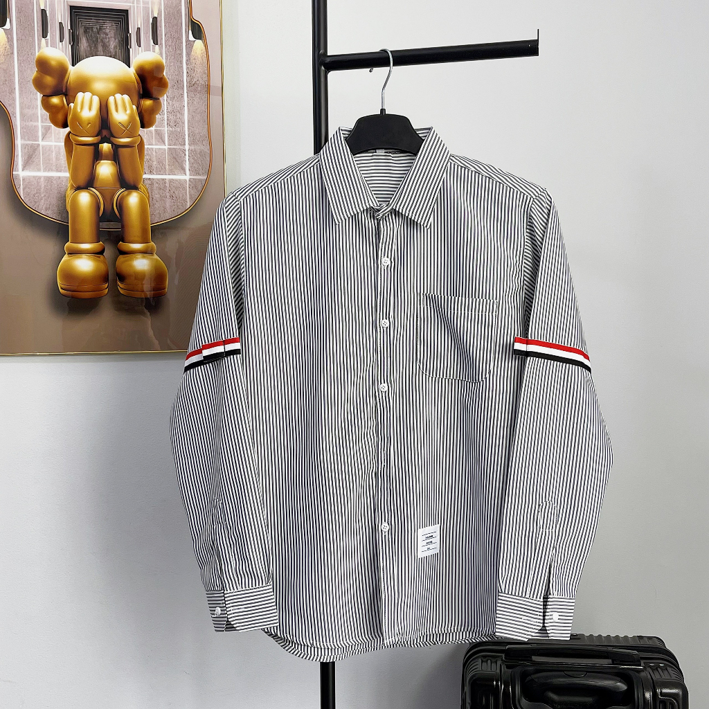 Áo Sơ Mi Dài Tay Thom Kẻ Xám Dài Tay Vải Cotton Lụa Cao Cấp