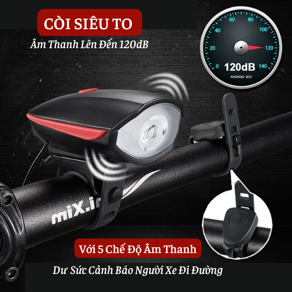 Đèn xe đạp thể thao chống nước, đèn Led xe đạp 3 chế độ siêu sáng cảm ứng kiêm còi xe tặng kèm sạc USB