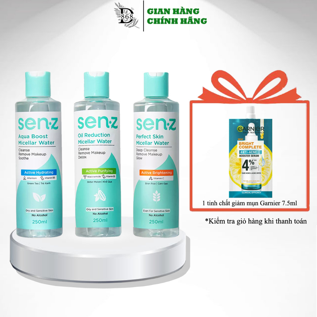 Nước tẩy trang trà xanh, khổ qua, cám gạo SENZ Micellar Water sạch sâu giảm mụn, cấp ẩm, sáng da hàng chính hãng