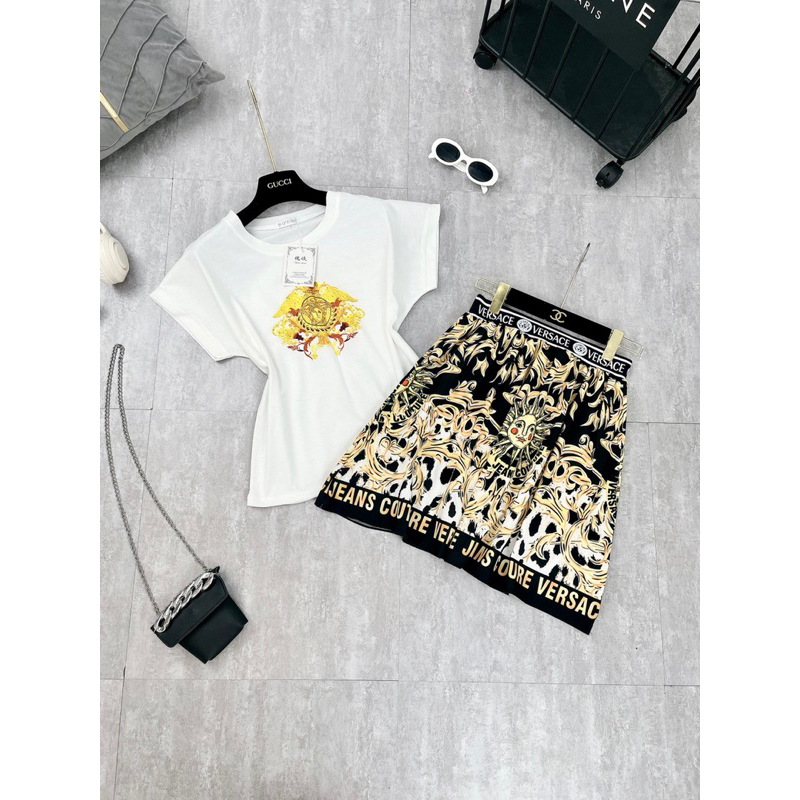 Set bộ đồ nữ áo cotton họa tiết versace mix chân váy tiểu thư cực trẻ trung