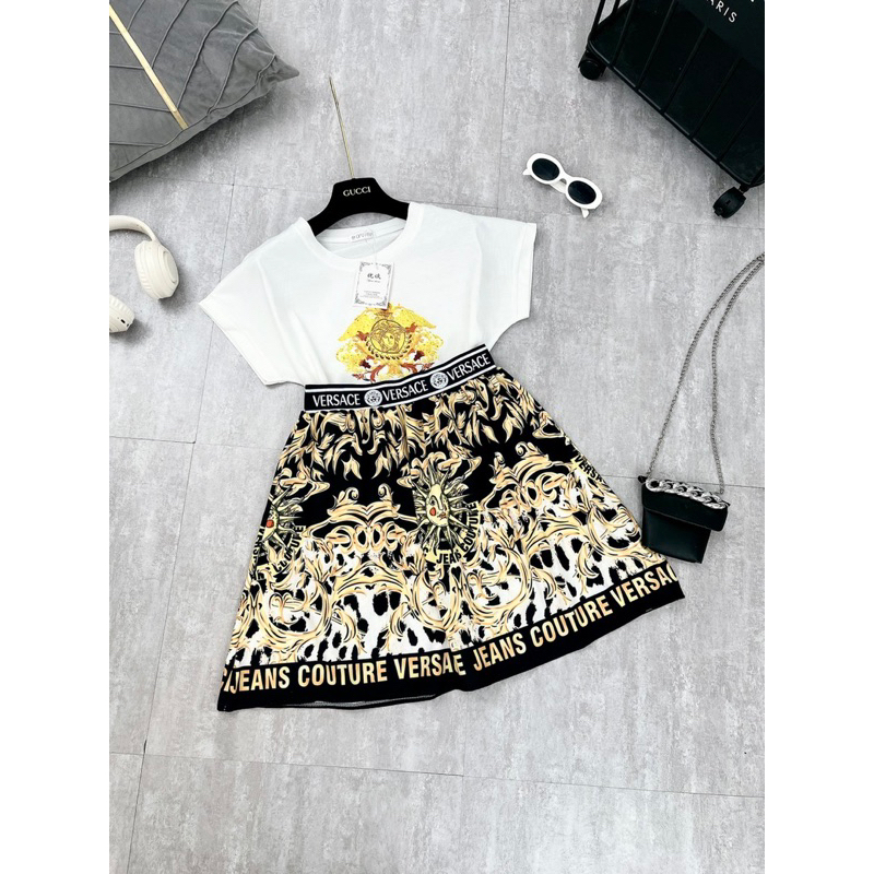 Set bộ đồ nữ áo cotton họa tiết versace mix chân váy tiểu thư cực trẻ trung