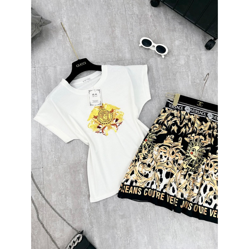 Set bộ đồ nữ áo cotton họa tiết versace mix chân váy tiểu thư cực trẻ trung