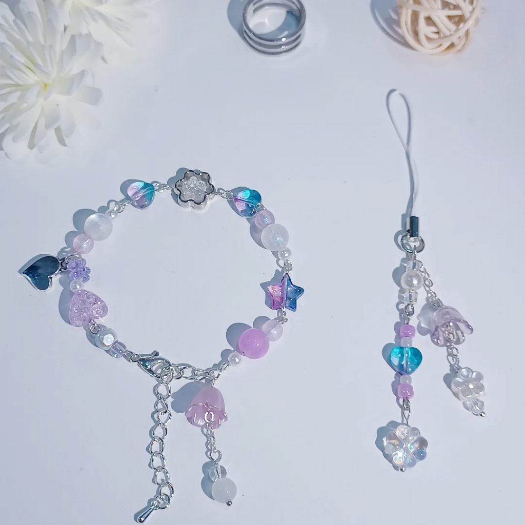 [ AGNES COLLECTION ] ᴥ BP02 PURPLE AGNES set Vòng tay và móc treo điện thoại kết hợp charm kim loại 