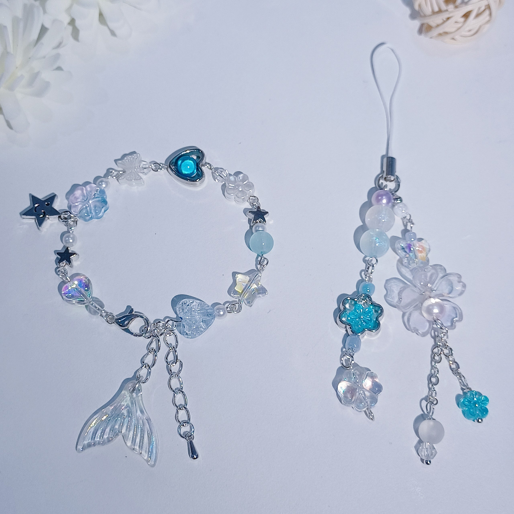 [ AGNES COLLECTION ] ᴥ BP04 BLUE AGNES set Vòng tay và móc treo điện thoại kết hợp charm kim loại và