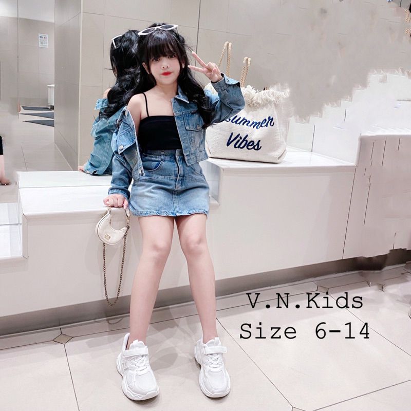 Set áo khoác jean + quần váy A đón Thu Đông cho Bé 17kg-42kg