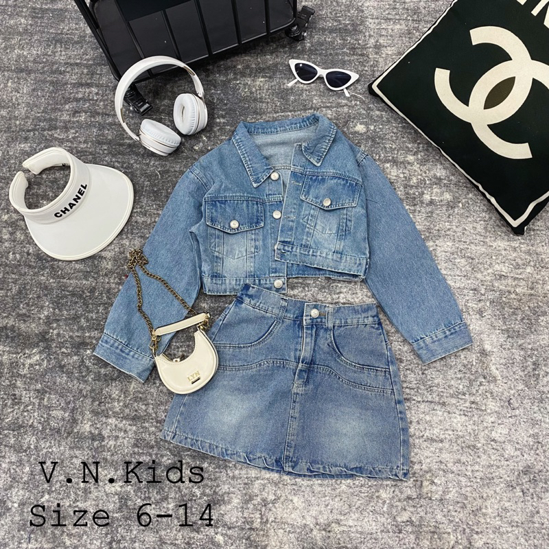 Set áo khoác jean + quần váy A đón Thu Đông cho Bé 17kg-42kg