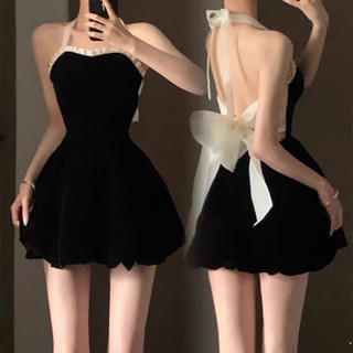 Đầm cổ yếm hở lưng thắt nơ dáng xoè đuôi bí TABISHOP Váy body nữ màu đen trắng sexy phong cách Hàn Quốc dự tiệc(44)