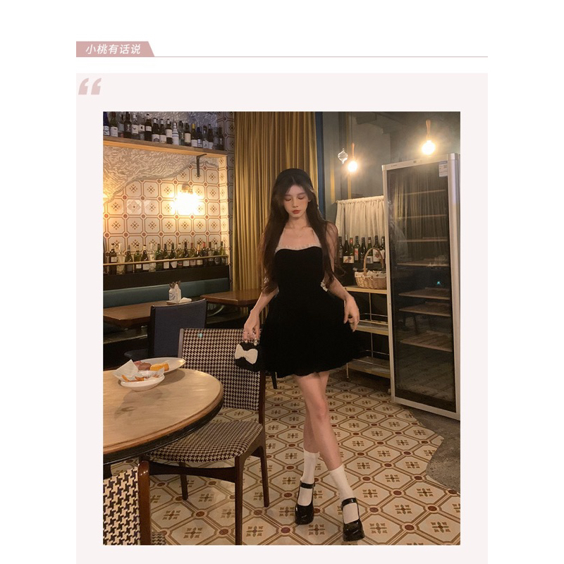 Đầm cổ yếm hở lưng thắt nơ dáng xoè đuôi bí TABISHOP Váy body nữ ôm eo màu đen trắng sexy phong cách Hàn Quốc dự tiệc