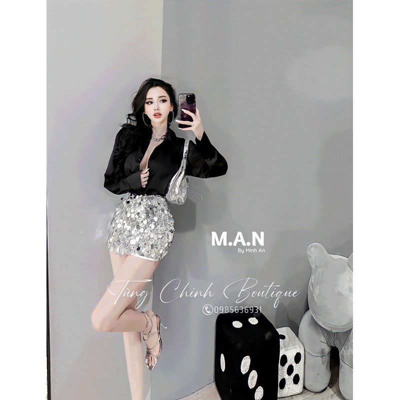 Set áo sơ mi mix chân váy kim sa siêu sang chảnh