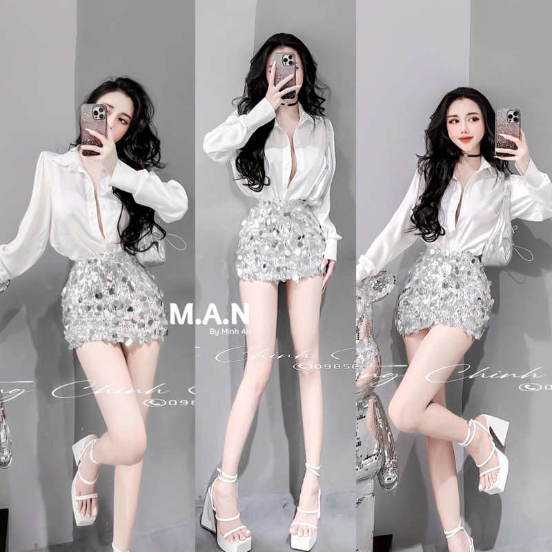 Set áo sơ mi mix chân váy kim sa siêu sang chảnh