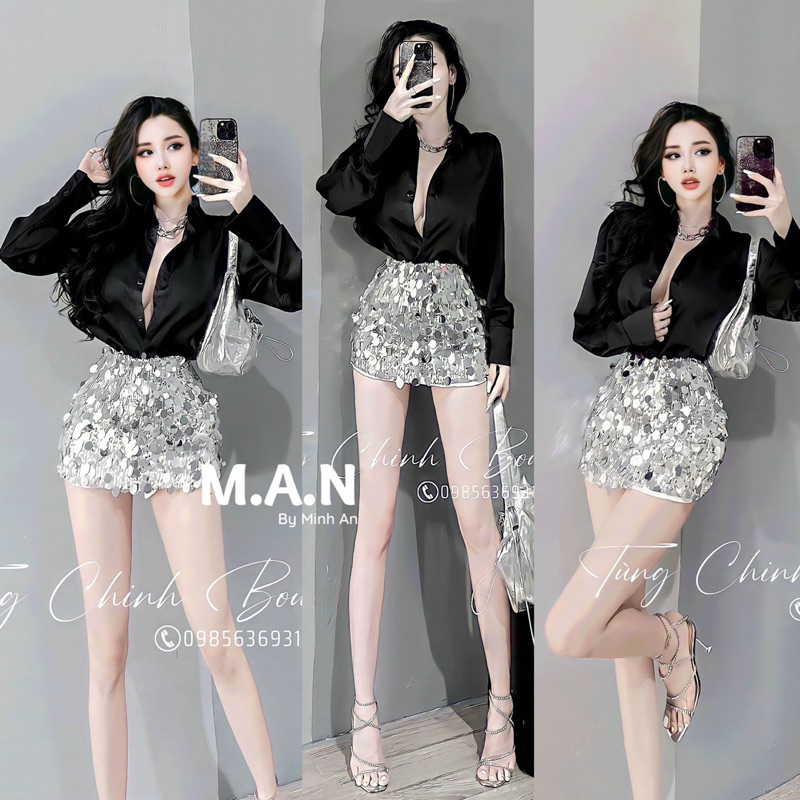 Set áo sơ mi mix chân váy kim sa siêu sang chảnh