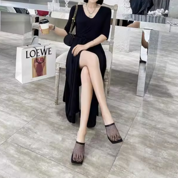 Guốc cao gót 9 phân mõm lưới bọc đầu mũi chân gót nhọn phong cách sexy cho nữ 2023