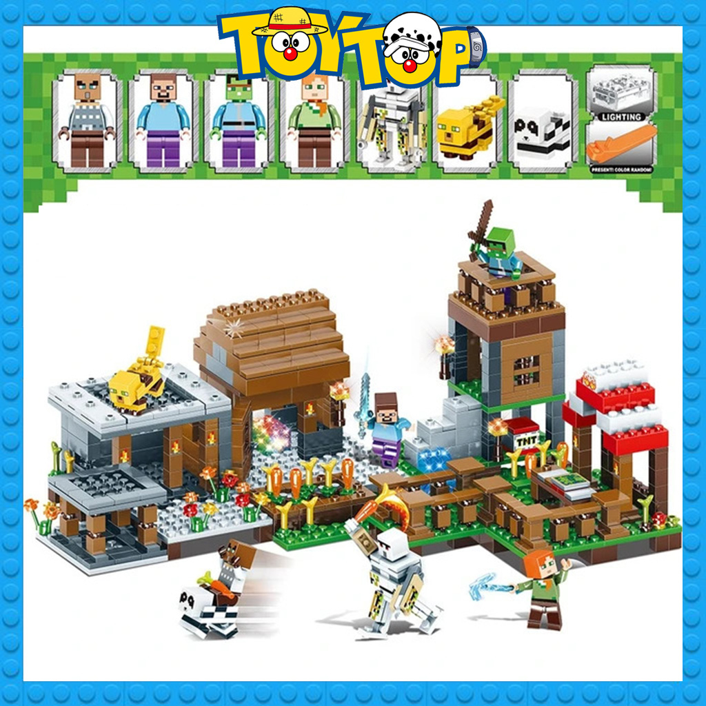 Đồ chơi lắp ráp minecraft ngôi làng chiến đấu cùng Iron Golem tại sào huyệt thế giới vuông my world xếp hình LB600