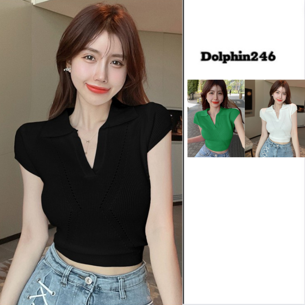 Áo len ngắn tay cổ bẻ polo cho nữ dáng ngắn croptop sexy họa tiết phối vân chìm xinh xắn phong cách Hàn Quốc M74 A2-6