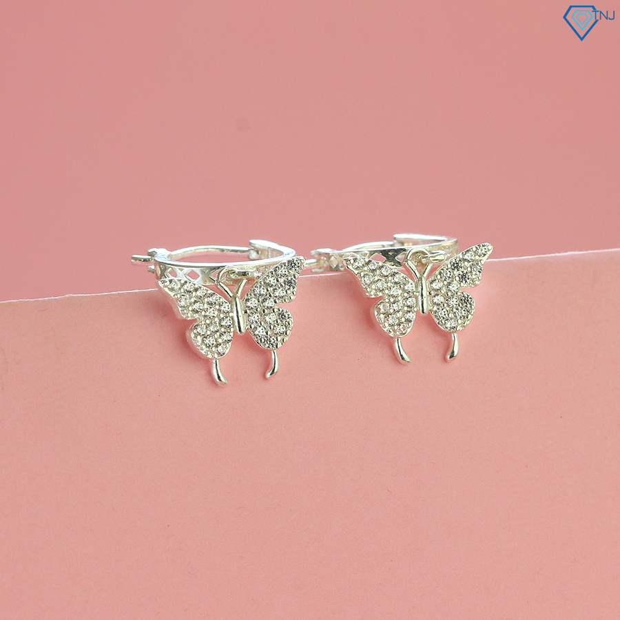 Khuyên tai bạc nữ tròn đính đá chốt bấm TNJ JEWELRY, Bông tai bạc 925 hình bươm bướm xinh xắn BTN0198 - Trang Sức TNJ