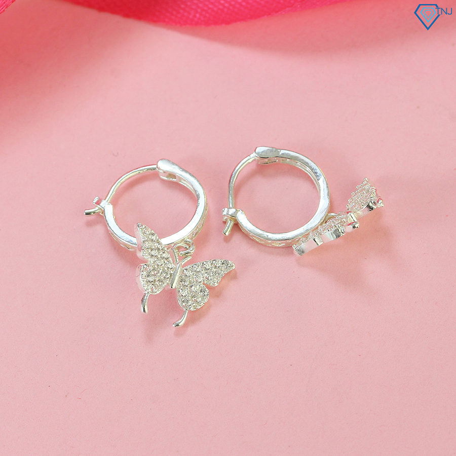 Khuyên tai bạc nữ tròn đính đá chốt bấm TNJ JEWELRY, Bông tai bạc 925 hình bươm bướm xinh xắn BTN0198 - Trang Sức TNJ
