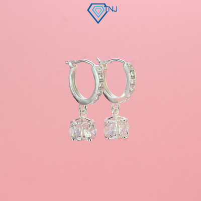 Khuyên tai bạc 925 nữ tròn đính đá chốt bấm TNJ JEWELRY, Bông tai bạc hình lập phương cá tính BTN0197 - Trang Sức TNJ