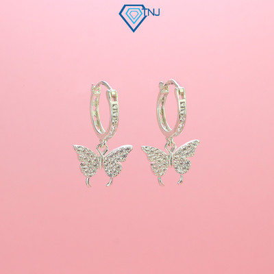 Khuyên tai bạc nữ tròn đính đá chốt bấm TNJ JEWELRY, Bông tai bạc 925 hình bươm bướm xinh xắn BTN0198 - Trang Sức TNJ