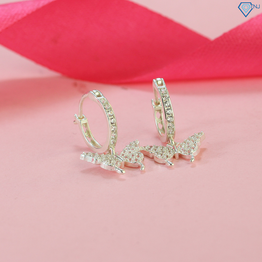 Khuyên tai bạc nữ tròn đính đá chốt bấm TNJ JEWELRY, Bông tai bạc 925 hình bươm bướm xinh xắn BTN0198 - Trang Sức TNJ