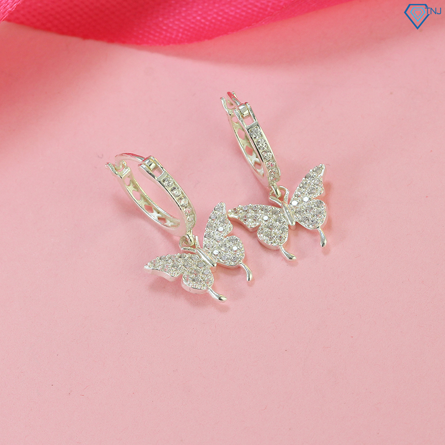 Khuyên tai bạc nữ tròn đính đá chốt bấm TNJ JEWELRY, Bông tai bạc 925 hình bươm bướm xinh xắn BTN0198 - Trang Sức TNJ