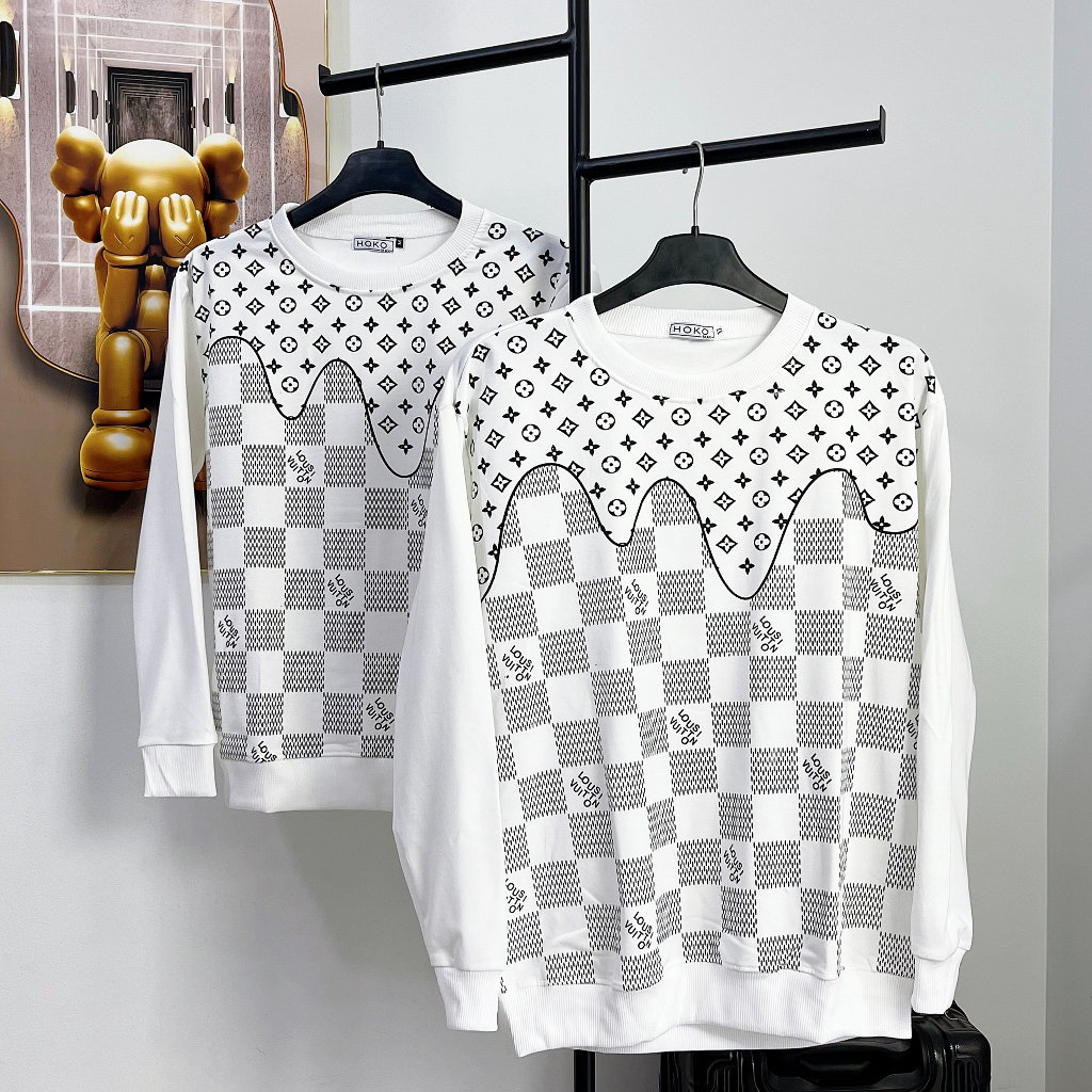 Áo nỉ sweater nam nữ dài tay, áo nỉ thu đông in họa tiết LV caro ô vuông, chất vải mềm mịn giữ ấm co giãn tốt
