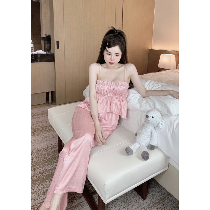 Bộ Đồ Ngủ Nữ Lụa Xước Áo Hai Dây Nhún Sexy Freesize 40-60kg