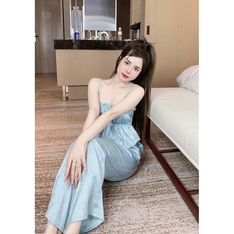 Bộ Đồ Ngủ Nữ Lụa Xước Áo Hai Dây Nhún Sexy Freesize 40-60kg
