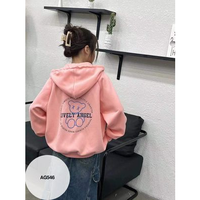 Áo khoác nỉ kéo khoá hình gấu màu hồng size 130-170