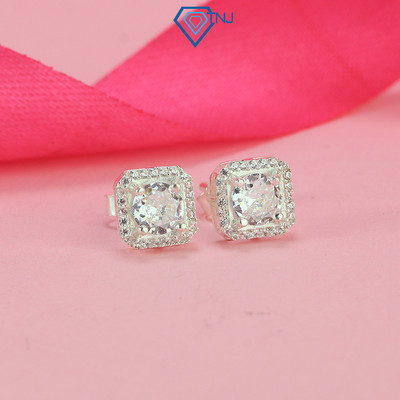 Khuyên tai bạc nữ măt vuông đính đá nụ tròn TNJ JEWELRY, Bông tai bạc 925 hiện đại sang trọng BTN0205 - Trang Sức TNJ