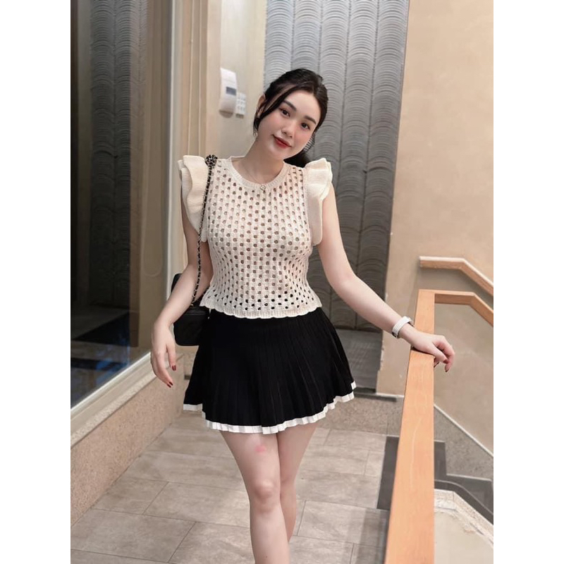 Áo len croptop tay bèo đen, be, xanh Zara xuất A231