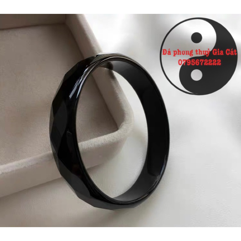 Vòng tay bản liền đá mã não đen obsidian cắt giác siêu đẹp kiểm định