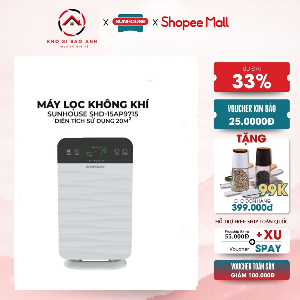 Máy lọc không khí Sunhouse SHD-15AP9715 diện tích sử dụng 20m2 | 3 lớp màng lọc sạch bụi bẩn | 2 chế độ vận hành