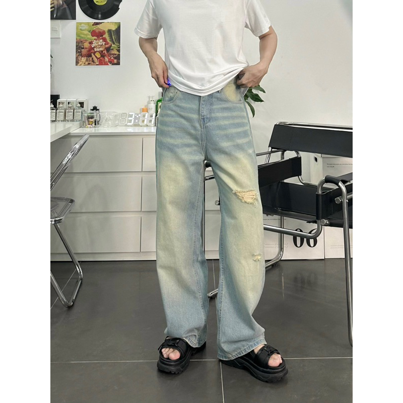 Set phối sẵn unisex,áo sơmi fomo rêu +jean ống rộng