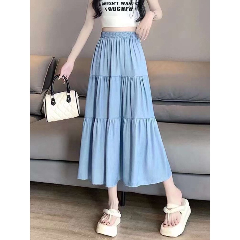 Chân váy jean lụa dáng dài, váy nữ ton dáng G348