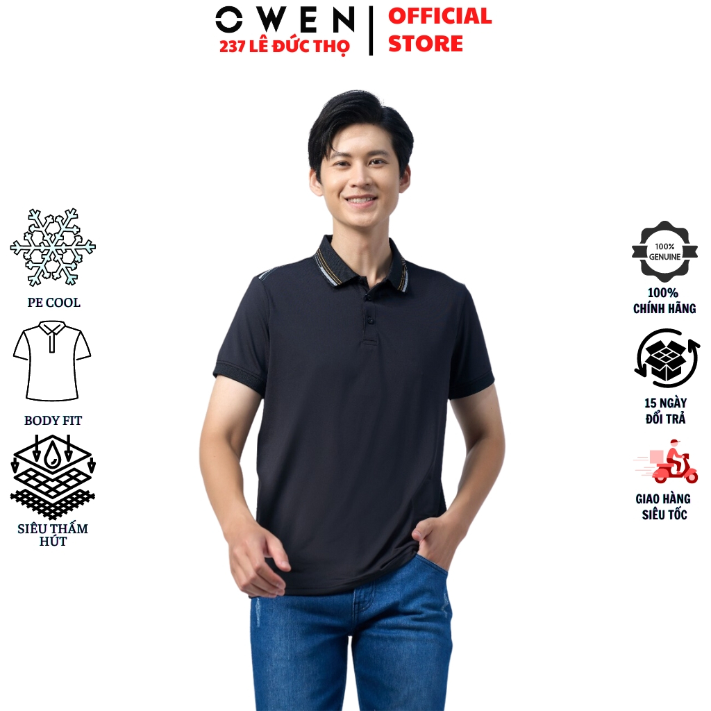Áo thun polo nam có cổ bẻ OWEN APV220350 phông ngắn dáng dáng body fit màu đen viền cổ vải vải pe cool cao cấp mềm mát
