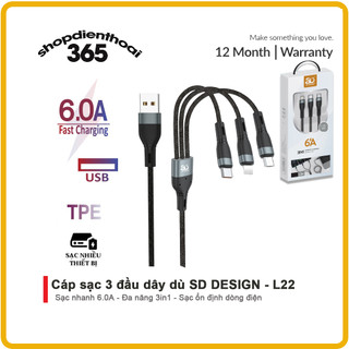 Cáp sạc 3 đầu l22 dây dù sd design - đa năng 3in1 xạc nhiều dòng máy 1 lần, bảo hành