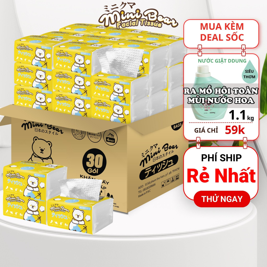 Khăn giấy minibear 16 gói giấy rút thêm dày, 100% bột gỗ nguyên sinh, giấy ăn cao cấp Nhật Bản.
