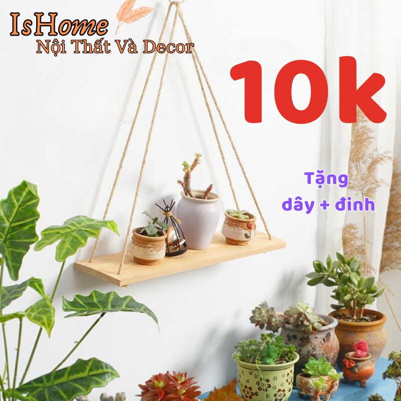Kệ gỗ treo tường đa năng, Kệ gỗ treo tường trang trí - Tặng dây thừng + đinh