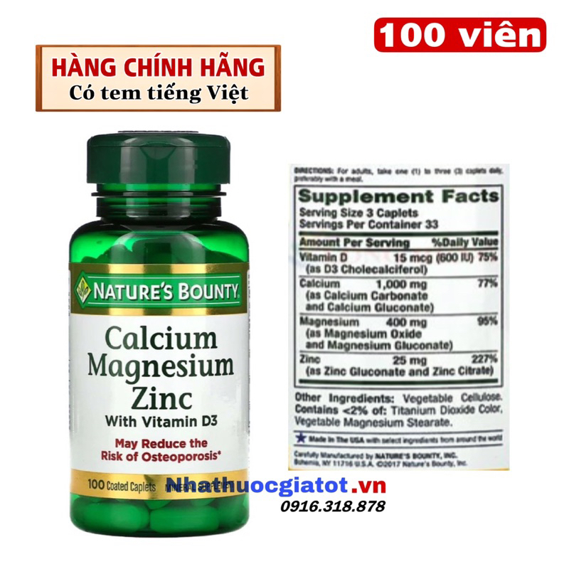 Viên Uống Calcium Magnesium Zinc Nature's Bounty - Lọ 100 viên