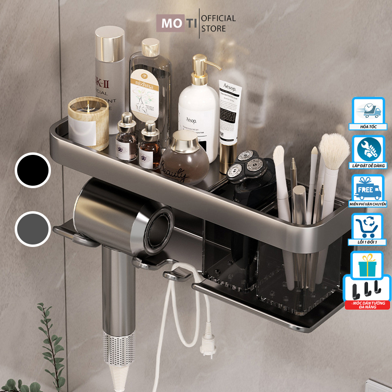 Giá Treo Máy Sấy Tóc MOTI, Treo Máy Sấy Tóc Kết Hợp Để Đồ Chất Liệu Nhôm Không Gỉ Gắn Tường